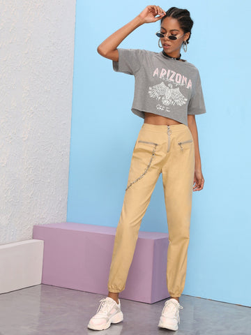 Letter And Eagle Print Crop Tee