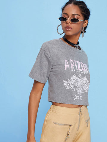 Letter And Eagle Print Crop Tee