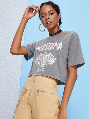 Letter And Eagle Print Crop Tee