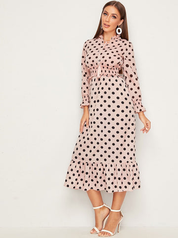 Polka Dot Shirred Tassel Detail Frill Trim Dress