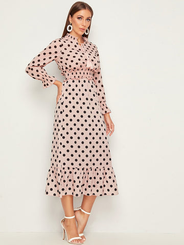 Polka Dot Shirred Tassel Detail Frill Trim Dress