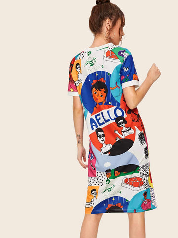 Cartoon & Letter Graphic Tee Dress