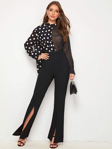 Polka Dot Ruffle Trim Blouse