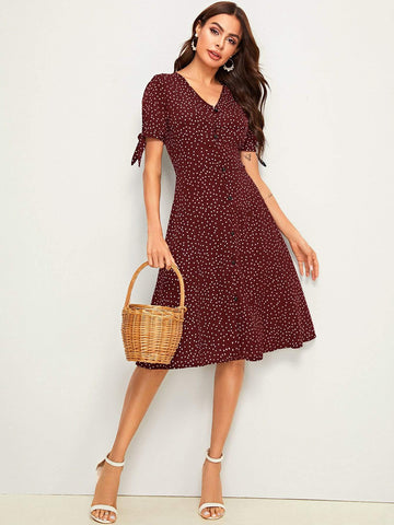 Allover Polka Dot Knot Cuff Dress