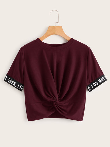 Neon Green Letter Tape Panel Twist Front Crop Tee