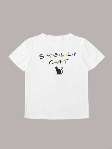 Slogan And Cat Graphic Tee