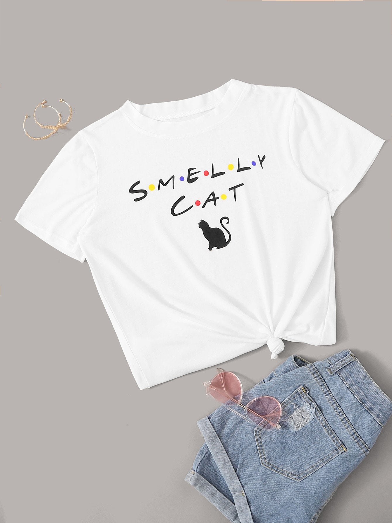Slogan And Cat Graphic Tee