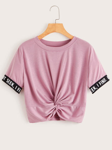 Neon Green Letter Tape Panel Twist Front Crop Tee