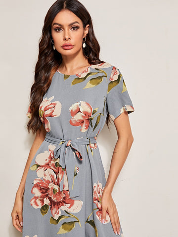 Floral Print Belted Dress