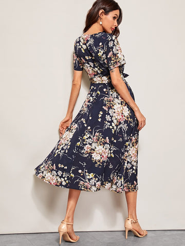 Floral Print Keyhole Front Belted Dress