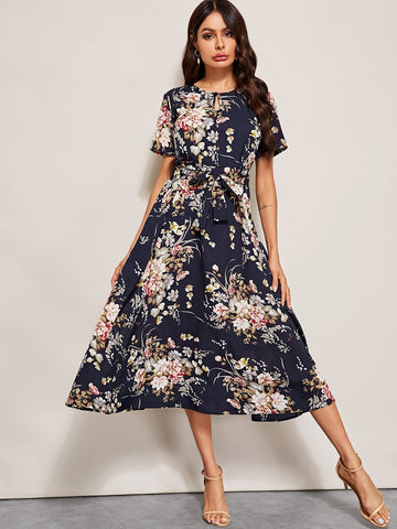 Floral Print Keyhole Front Belted Dress