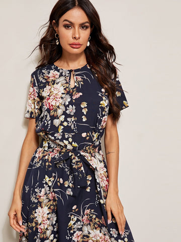 Floral Print Keyhole Front Belted Dress