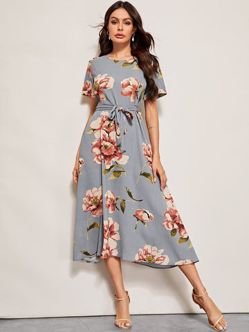 Floral Print Belted Dress