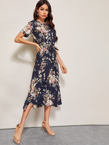 Floral Print Keyhole Front Belted Dress