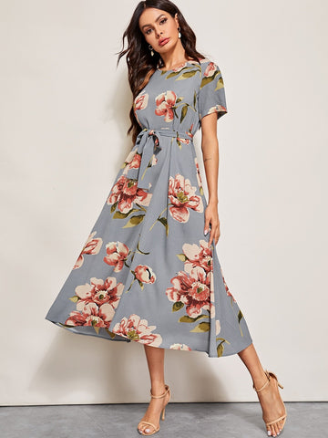 Floral Print Belted Dress