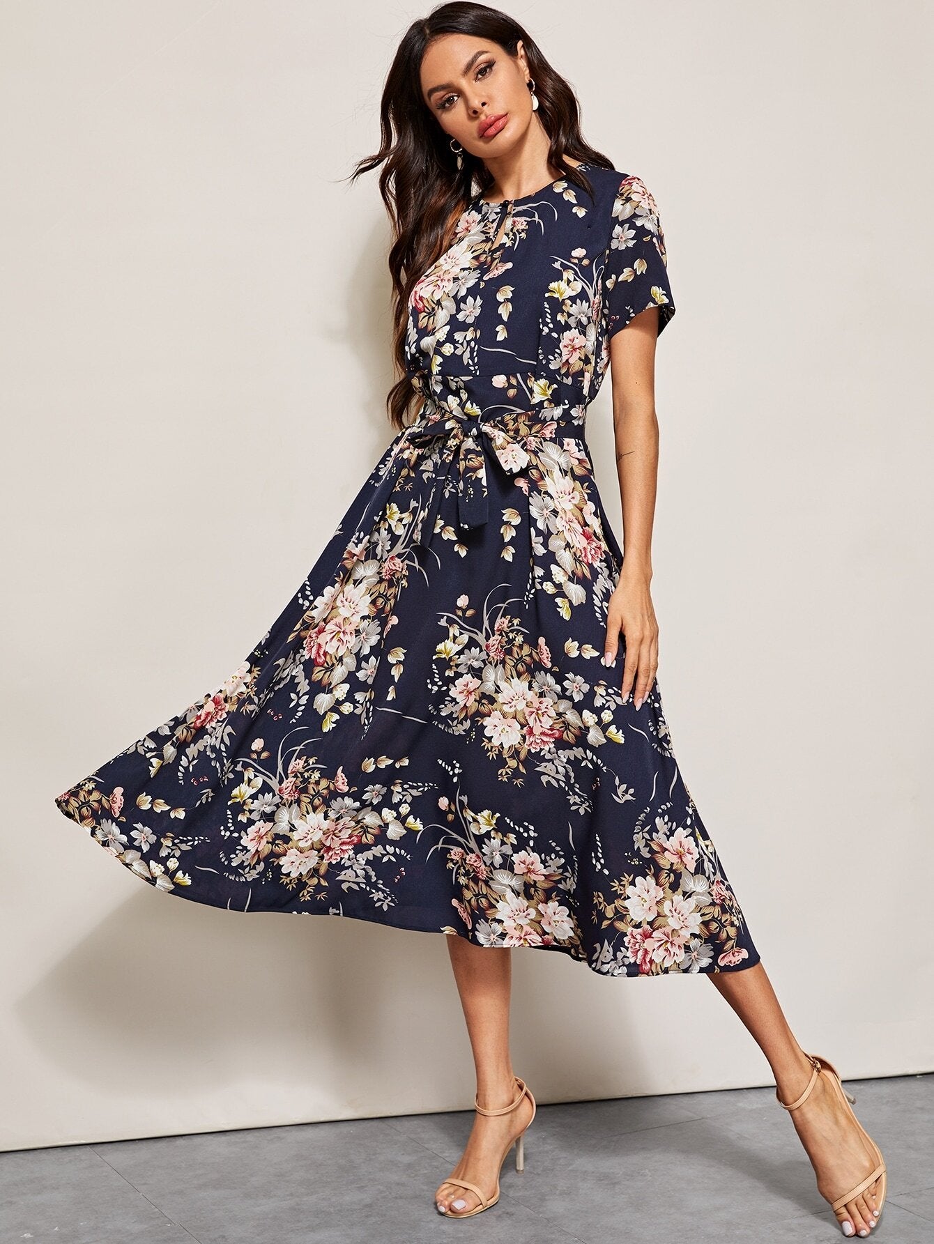 Floral Print Keyhole Front Belted Dress