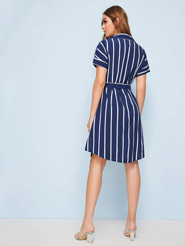 Striped Button Front Split Side Belted Shirt Dress