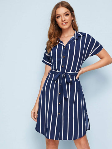 Striped Button Front Split Side Belted Shirt Dress