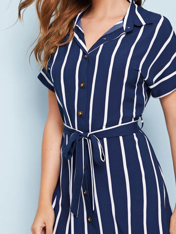 Striped Button Front Split Side Belted Shirt Dress