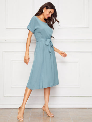 Roll Up Sleeve Belted Dress