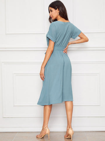 Roll Up Sleeve Belted Dress