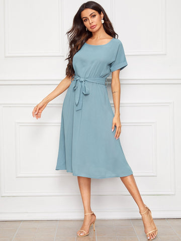 Roll Up Sleeve Belted Dress