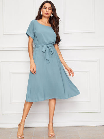 Roll Up Sleeve Belted Dress