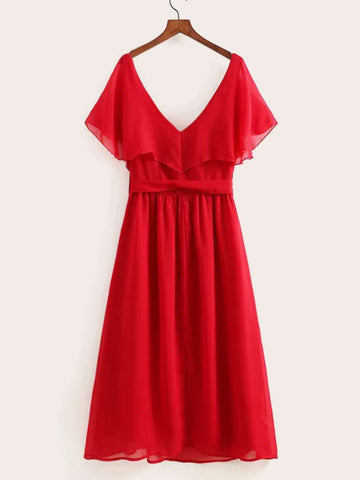 V-neck Ruffle Trim Solid Belted Dress