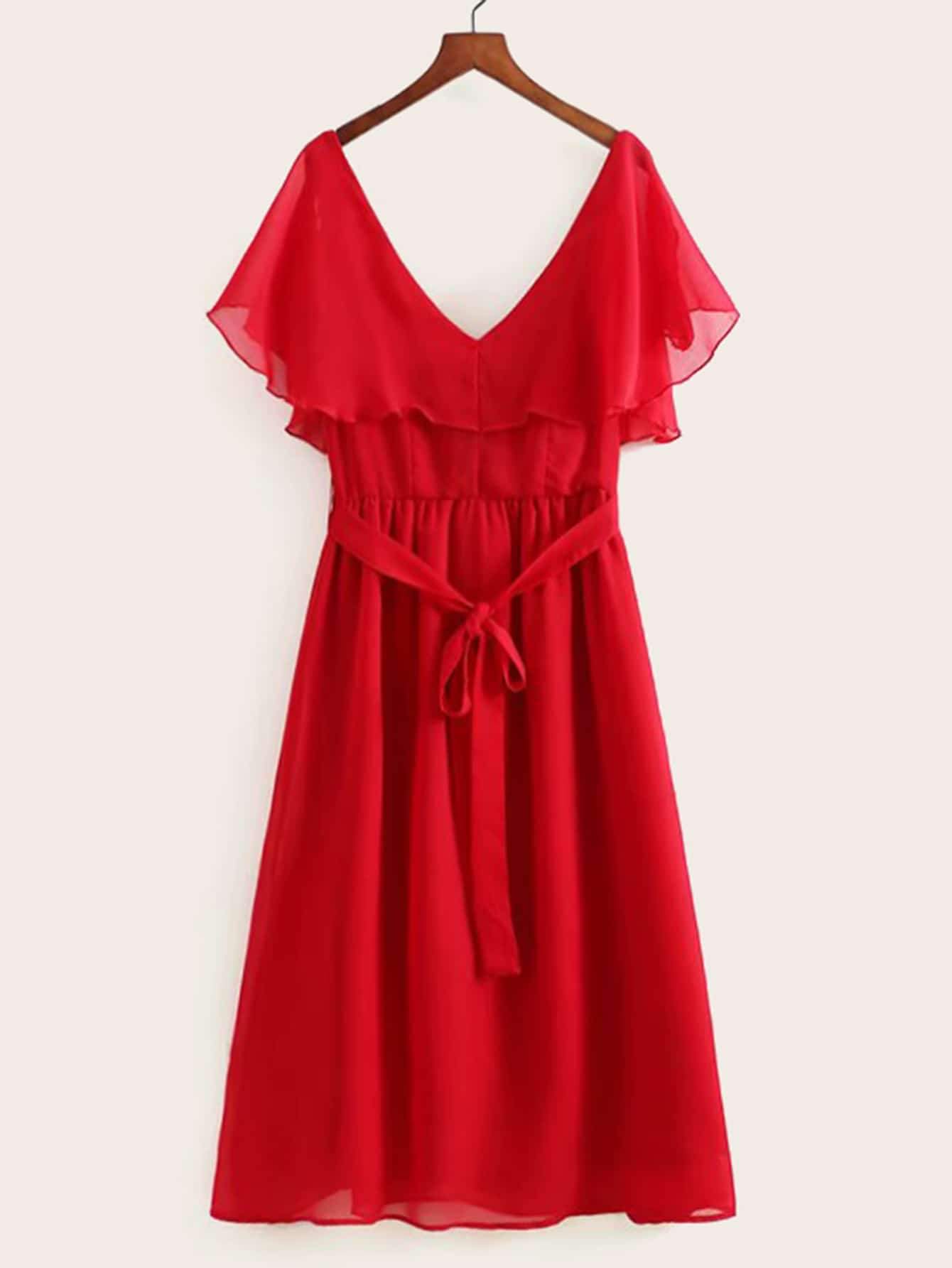 V-neck Ruffle Trim Solid Belted Dress