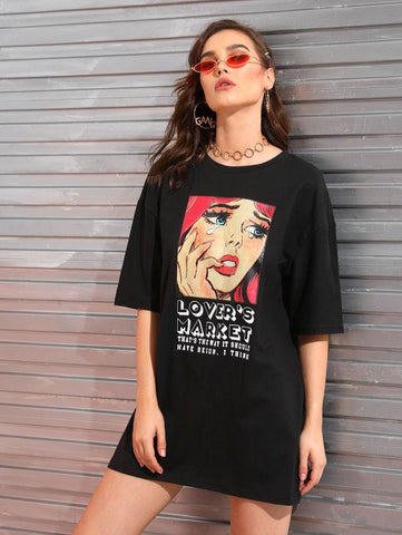 Figure & Slogan Graphic Neon Orange T-shirt Dress