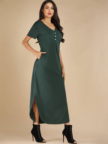 Button Front Curved Hem Side Slit Dress