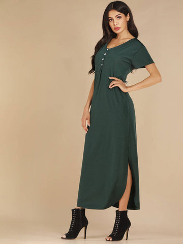Button Front Curved Hem Side Slit Dress
