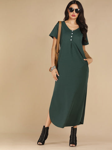 Button Front Curved Hem Side Slit Dress
