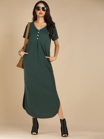 Button Front Curved Hem Side Slit Dress