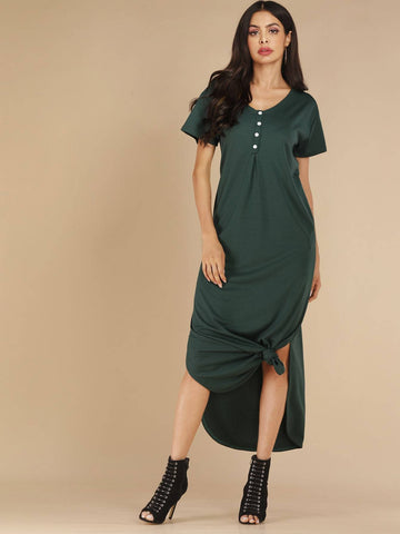 Button Front Curved Hem Side Slit Dress