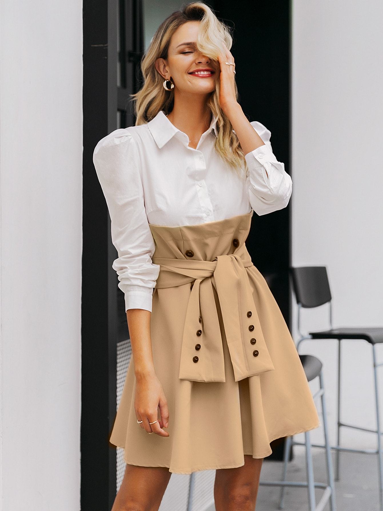 Simplee Double Button Belted 2 In 1 Dress