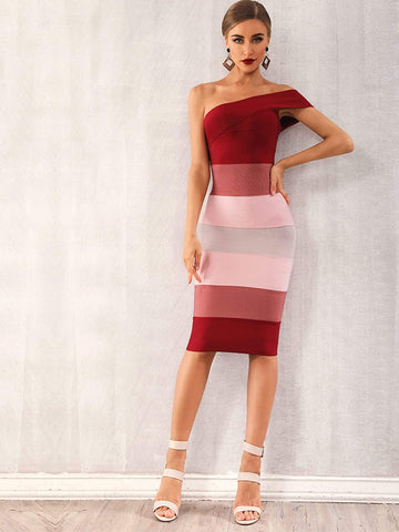 Adyce One Shoulder Colourblock Zip Back Bodycon Dress