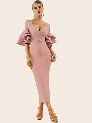 Adyce Cold Shoulder Layered Sleeve Pencil Dress