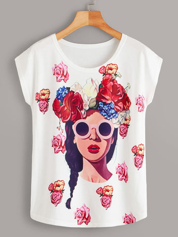 Figure And Floral Print Cap Sleeve Tee