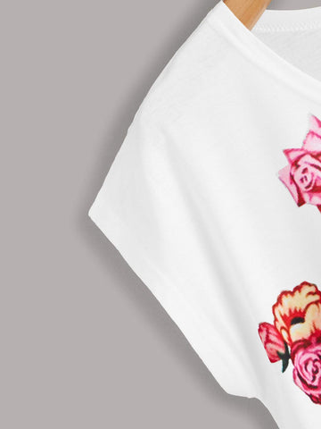 Figure And Floral Print Cap Sleeve Tee
