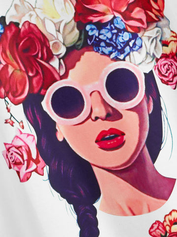 Figure And Floral Print Cap Sleeve Tee