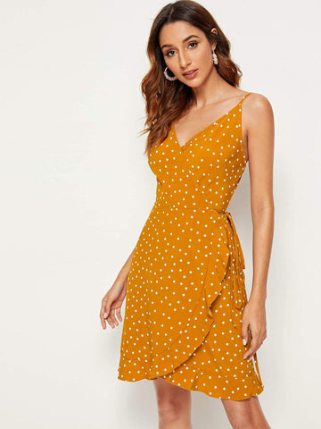 Polka Dot Wrap Self Tie Cami Dress