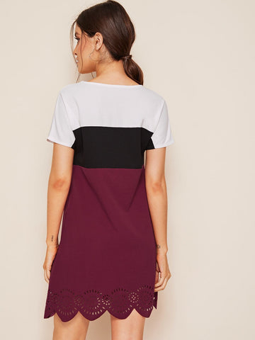 Laser Cut Scallop Hem Colorblock Dress