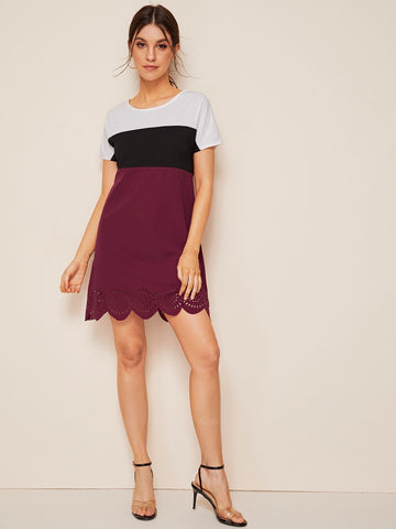 Laser Cut Scallop Hem Colorblock Dress