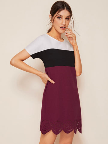 Laser Cut Scallop Hem Colorblock Dress