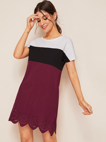 Laser Cut Scallop Hem Colorblock Dress