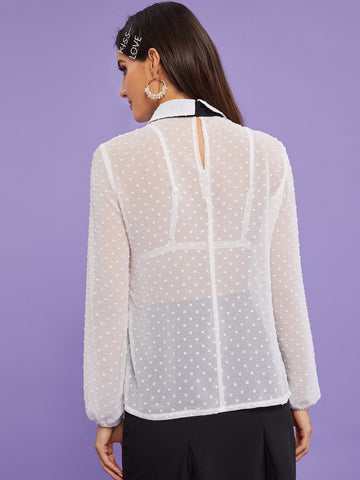 Swiss Dot Tie Neck Button Detail Blouse