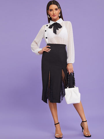 Swiss Dot Tie Neck Button Detail Blouse