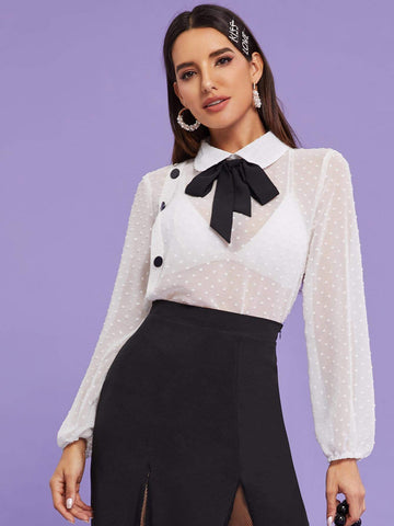 Swiss Dot Tie Neck Button Detail Blouse