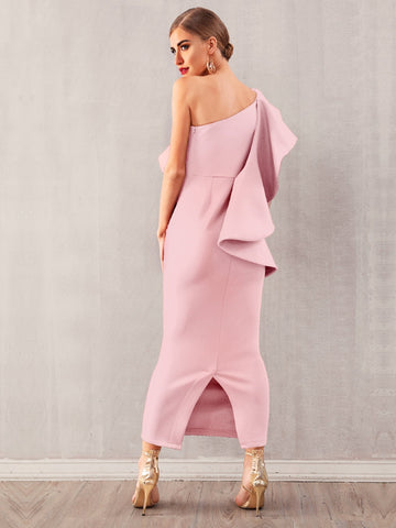 Adyce Exaggerated Ruffle One Shoulder Pencil Dress